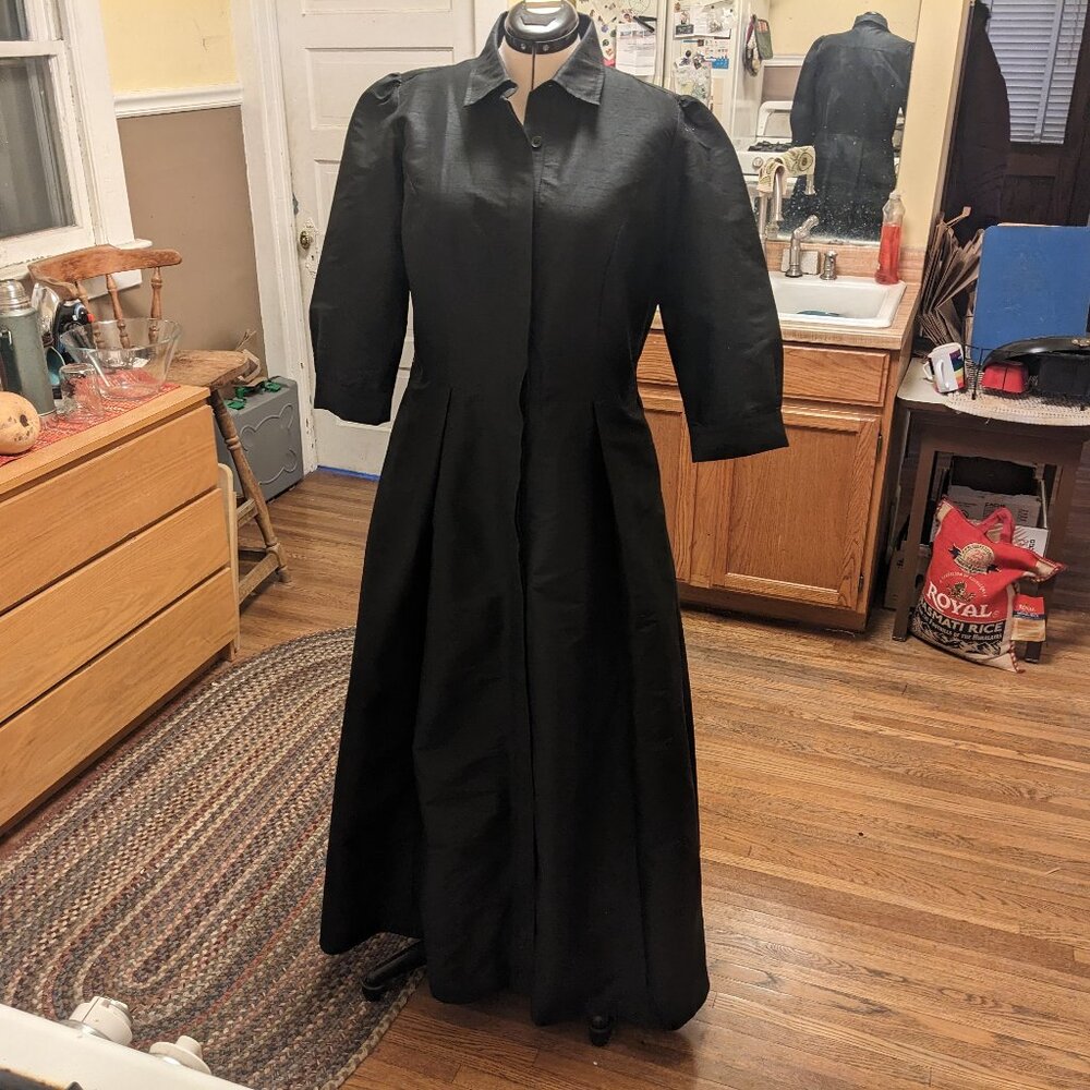 dupioni silk black princess-seam formal maxi shirtdress